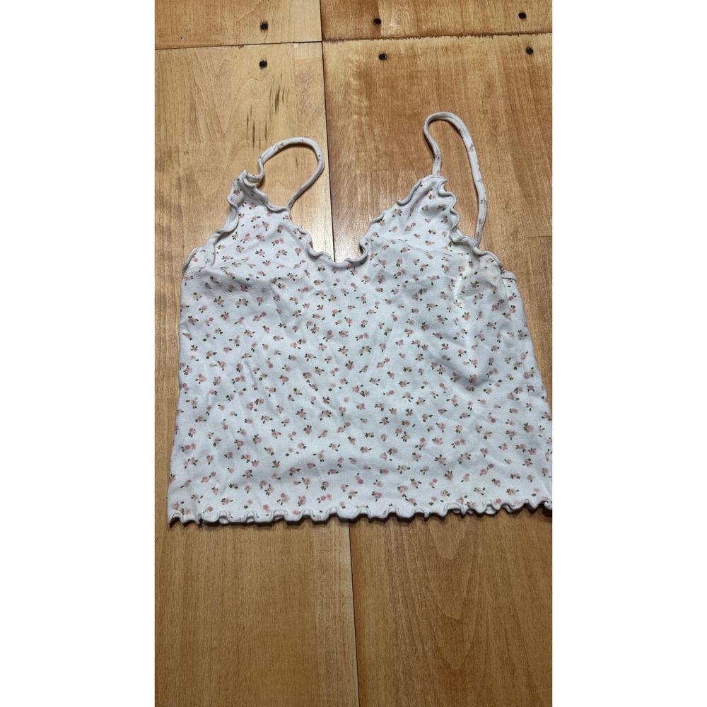 John Galt Brandy Melville White Pink Floral Lettuce Trim Crop Cami Top Size S